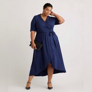Quince Wrap Dress Womens Size 1X Navy Tencel Midi Stretch Knit Short Sleeve